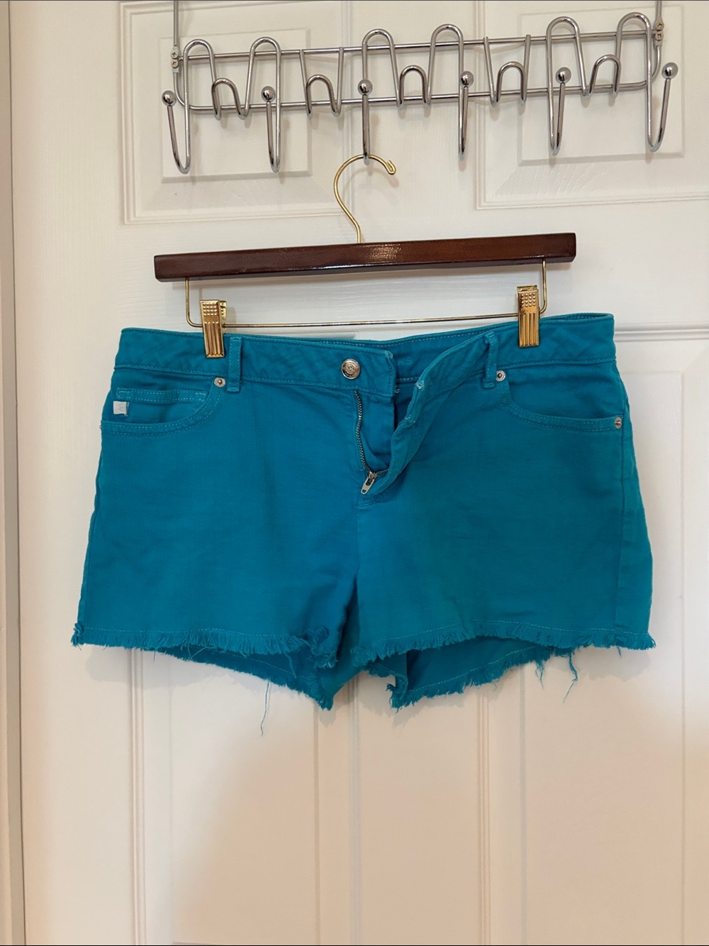 Michael Kors Teal Frayed Hem Jean Shorts